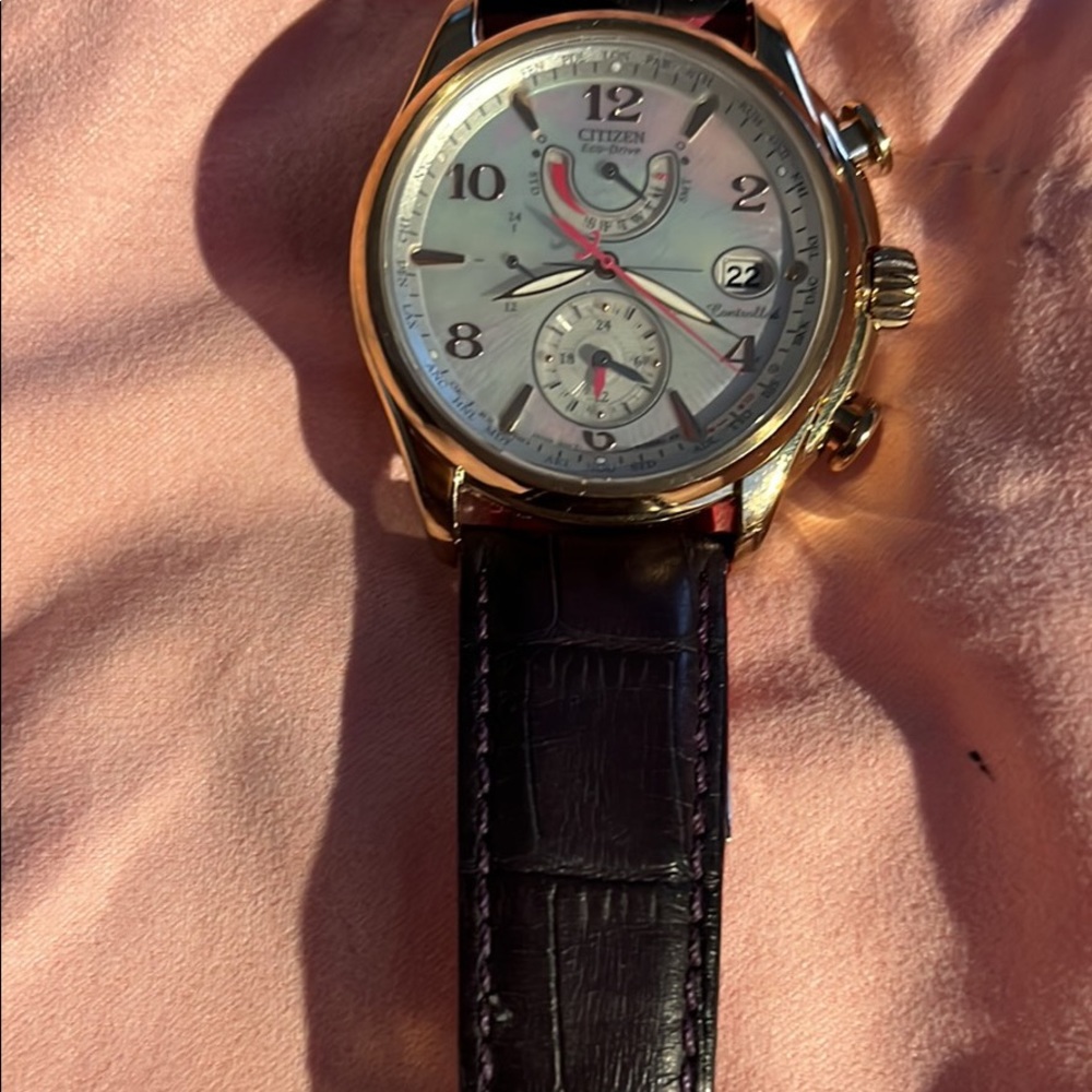 Citizen ECODRIVE Purple and pink watch with pearlized face.